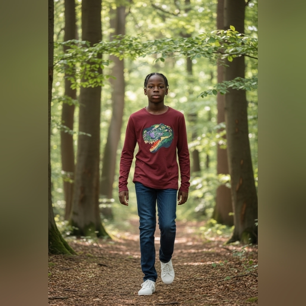 Land Ends Kids Dinosaur Graphic Long Sleeve Shirt - Maroon NWOT Medium